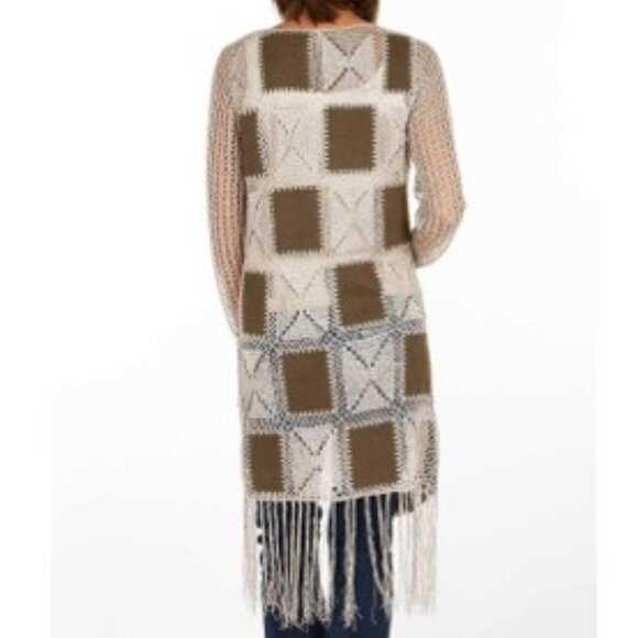 Gimmicks by BKE Long Fringe Duster Crochet + Faux Leather Squares Size Small EUC - Picture 9 of 9
